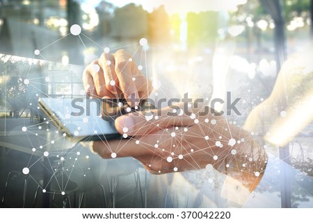 Businessman working with smartphone. Concept of modern technology, network connection. Image closed up hand make multiple layers and blur lens flare with blank space.