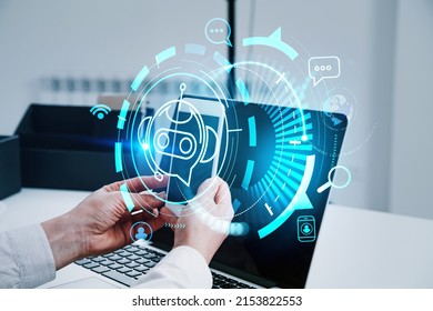 Businessman working with smartphone, video call and verification. Digital chat bot hud and helpdesk. Artificial intelligence, worldwide and binary. Concept of online support