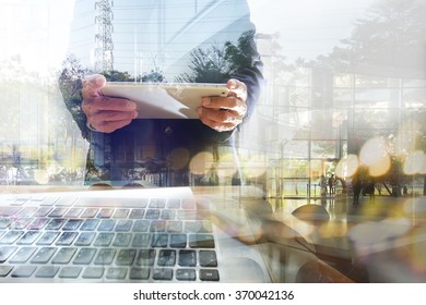 Businessman working with tablet. Concept of modern technology, network connection. Image closed up hand make multiple layers and blur lens flare with blank space. - Powered by Shutterstock