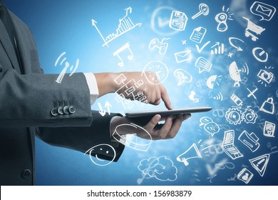 Businessman working with tablet and social media with modern sketch symbol - Powered by Shutterstock