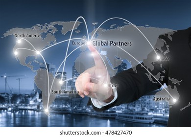 Businessman working with virtual interface connection map of global partner connection use for logistic,import,export background.(Elements of this image furnished by NASA)