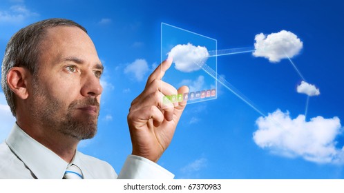 businessman works with cloud computer