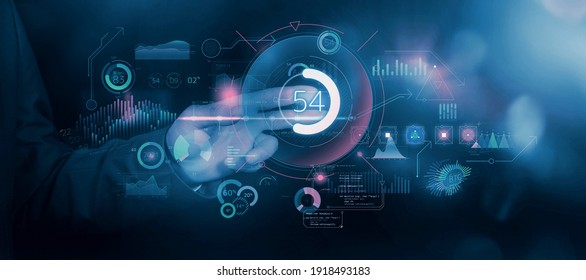 Businessman works with data array virtual infographics.