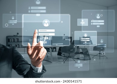 A businessman works with a high-tech virtual screen projecting business applications Futuristic office setting