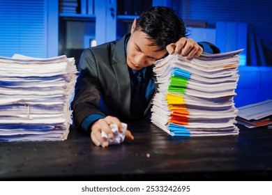 A businessman works late into the night, facing a stack of papers on a black wooden desk. The blue lighting reflects the intensity of his overtime efforts in a busy office environment. - Powered by Shutterstock