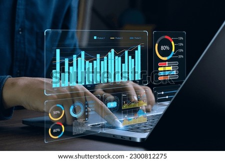 Businessman works on laptop Showing business analytics dashboard with charts, metrics, and KPI to analyze performance and create insight reports for operations management. Data analysis concept.Ai