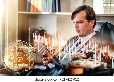 Businessman worry about his Cryptocurrency bitcoin port, forecast and analysis graph with Bearish downtrend, Blockchain technology, effect of high inflation to investment, Decentralized finance. - Powered by Shutterstock