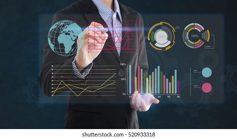 Businessman Writing Financial Analysis Graph With Key Performance Indicators On Virtual Screen.