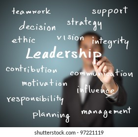 businessman writing leadership skill concept