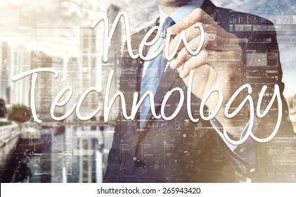 Businessman Writing New Technology Terminology On Virtual Screen With Modern Business Or Technology Background - New Technology