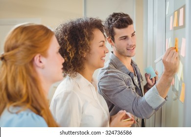 Businessman Writing On Glass Wall As Female Colleagues Looking At It During Meeting In Office