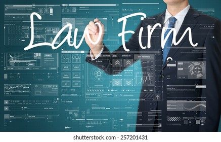 Businessman Writing Technology Terminology On Virtual Screen With Business Or Technology Background - Law Firm