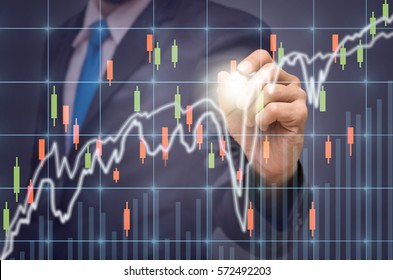 Businessman Writing The Trading Graph Of Stock Market On The Virtual Screen On Dark Background, Business Stock Market Concept