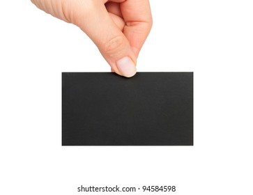 Businessman's Hand Holding Blank Black Paper Business Card, Closeup Isolated On White Background