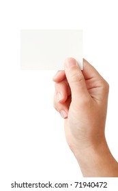 Businessman's Hand Holding Blank Paper Business Card, Closeup Isolated On White Background