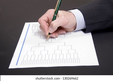 A Businessman's Hand Holding Pen Completing March Madness Bracket