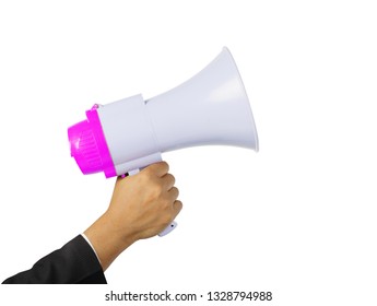 Businessman's hand holding pink megaphone isolated on white background, clipping path. - Shutterstock ID 1328794988