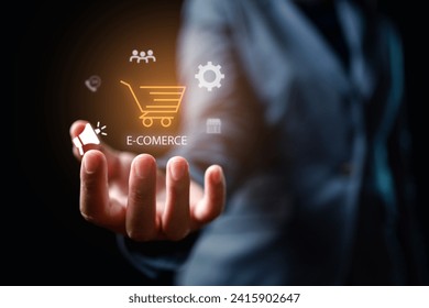 a businessman's hand showcasing shopping cart icons. This image beautifully encapsulates product advertising, trade partnerships, and after-sale service, creating a dynamic visual narrative of online