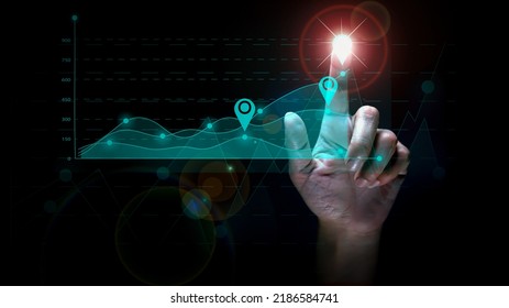 Businessman's Hand Touches Virtual Man's Head Button. Idea. Spark Business Idea. Business Goals And Achievements With New Concept Copy Space.