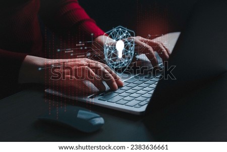 Businessman's hands press on computer keyboard. Cyber shield. Lock. Security system. Abstract technology, globe, digital link, hi-tech cyber security, fingerprint lock, keyboard.