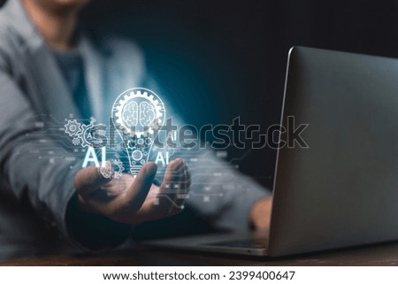 businessman's hands reveal a virtual screen showcasing AI-infused results in content creation, idea generation, and work concepts. Witness the future of creative processes and technology integration