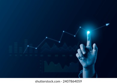 Businessman's hands touch a virtual screen, analyzing past performance, setting goals, and evaluating market growth for strategic success - Powered by Shutterstock