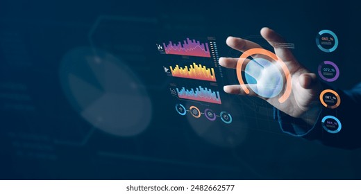 Businessman's Hands Touching Virtual Screen Displaying AI Data Analysis and Graph Visualization for Enhanced Business Intelligence and Data Processing Insights - Powered by Shutterstock