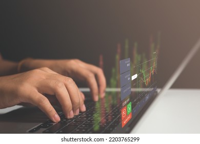 Businessman's Hands Typing Data, Analyzing Graphs Affecting Trading, Stock Trading System On Visual Screen