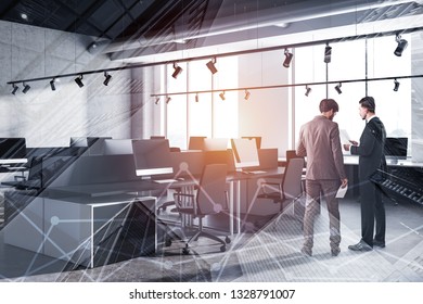 Businessmen in corner of industrial style office with concrete walls and floor, row of white computer tables along the window and two rows of black computer desks. Toned image double exposure - Shutterstock ID 1328791007