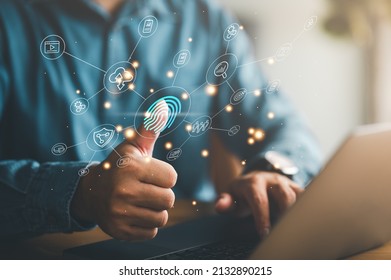 businessmen Fingerprint scanning and biometric authentication, processing of biometric for access personal data. surveillance and security scanning of digital programs cyber futuristic applications - Shutterstock ID 2132890215