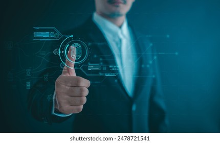 Businessmen Fingerprint scanning and biometric authentication,Internet security and data protection concept.Cyber security network and fingerprint identification to access data.