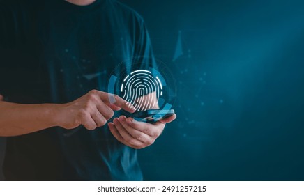 Businessmen Fingerprint scanning and biometric authentication,Internet security and data protection concept.Cyber security network and fingerprint identification to access data.