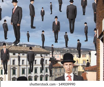 businessmen floating in the sky over european city, magritte style - Powered by Shutterstock