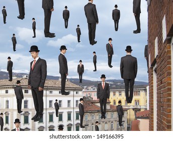 businessmen floating in the sky over european city, magritte style - Powered by Shutterstock