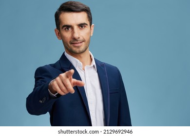 Businessmen Hand Gesture Pointing Forward Business Process Quiet Confidence Blue Background