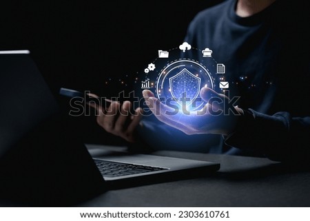Businessmen hand holding a lock padlock icon. Cyber security Data Protection Information privacy antivirus virus defence internet technology concept.
