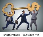 Businessmen holding giant key in finance concept