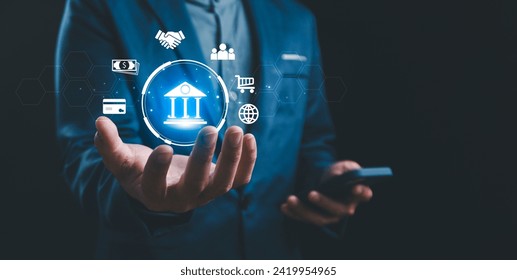 businessmen holding online banking and payments, digital technology, mobile banking, shopping, payment, finance, bank, withdraw money, account, transfer, credit card, financial and global business.