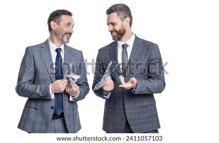 businessmen invest money in business. successful business brings money. successful business men investors in suit. financial investment. businessmen with money isolated on white. banner