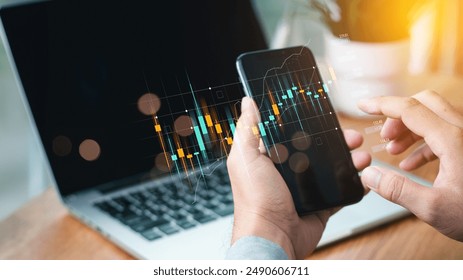 Businessmen investor think before buying stock market investment using smartphone to analyze trading data. trader is showing a growing virtual hologram stock on smartphone. Financial stock market. - Powered by Shutterstock