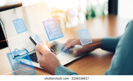 Businessmen look on smartphones watching social platforms and marketing online to plan the best promotions and super sell and discount price products, Social media, and digital online concepts.