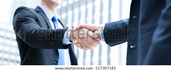 Businessmen making handshake in the city -\
business etiquette, congratulation, merger and acquisition\
concepts, panoramic\
banner