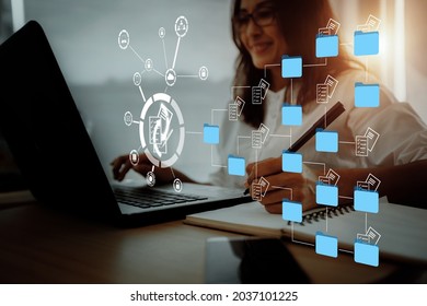 businessmen are managing data on their laptops.document management concept, online Big Data documentation database. - Shutterstock ID 2037101225