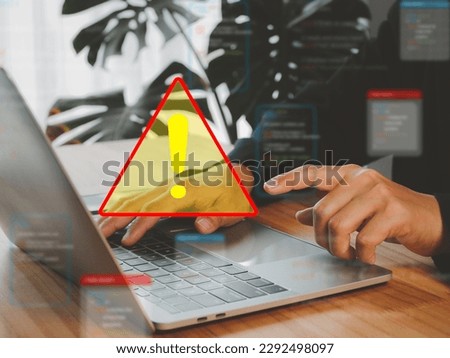 Businessmen or officials are solving problems of A warning triangle for notifying of program errors or system errors.