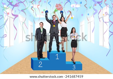Businessmen on victory podium collage