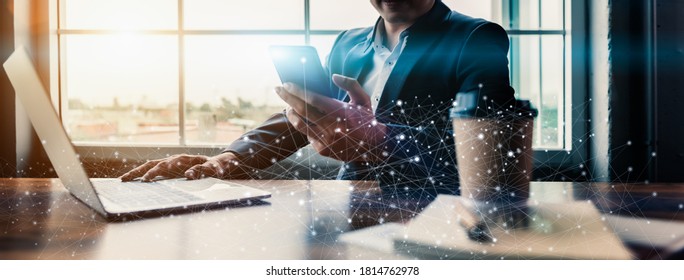 Businessmen People Using Smartphones In Modern Offices With Line Dots In Banner Size. Futuristic And Internet Cyber Data Link And Network Theme For Business And Connection Concept.