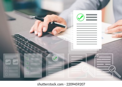 Businessmen Review Procedures Through Documents Containing Checkbox Lists, Rules Of Conduct Concepts, Rules And Policies, Company Regulatory Documents, Terms And Conditions.	

