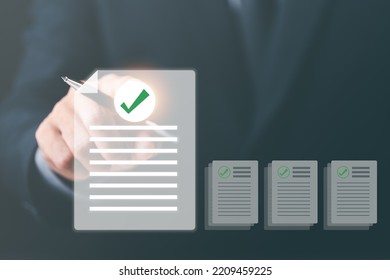 Businessmen Review Procedures Through Documents Containing Checkbox Lists, Rules Of Conduct Concepts, Rules And Policies, Company Regulatory Documents, Terms And Conditions.	

