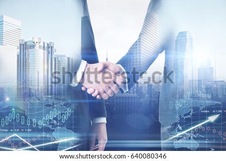 Businessmen shaking hands on abstract city and forex chart background. Teamwork concept. Double exposure