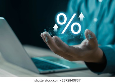 Businessmen show rate interest percentage rise, high, rise credit, business, bank, dividend, inflation, loan, tax, exchange,  Interest rate burden. Payment. Discount and no commission.
